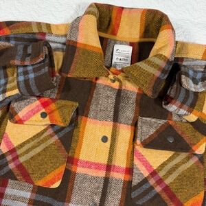 Fornia Plaid‎ Flannel Shacket Mens Small Brown Orange Gorpcore Snap Front EUC